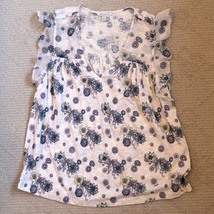 Lucky Brand-Yellow Floral V Neck Flutter Sleeve Top Size Small